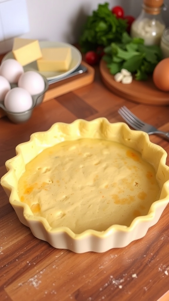 Classic Quiche Crust Recipe A golden brown quiche crust in a tart pan, surrounded by fresh ingredients for filling.